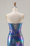 Metallic Navy Strapless Corset Mermaid Prom Dress With Slit