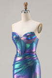 Metallic Navy Strapless Corset Mermaid Prom Dress With Slit