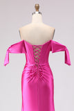 Off The Shoulder Fuchsia Beaded Mermaid Prom Dress With Slit