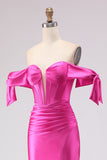 Off The Shoulder Fuchsia Beaded Mermaid Prom Dress With Slit