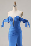 Royal Blue Off The Shoulder Mermaid Satin Prom Dress With Slit