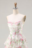 Pink Floral A-Line Corset Tiered Sweetheart Prom Dress With Slit