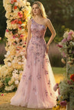 One Shoulder A Line Tulle Blush Corset Appliqued Prom Dress