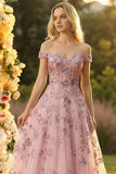 Sparkly Off the Shoulder A Line Tulle Blush Corset Prom Dress