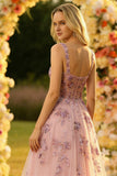 Sparkly Blush Spaghetti Straps A Line Corset Prom Dress