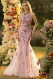 Halter Blush Mermaid Corset Appliqued Prom Dress
