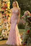 Sparkly Spaghetti Straps Mermaid Blush Prom Dress