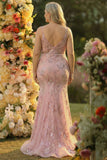 Sparkly Blush Mermaid Plus Size Appliqued Prom Dress