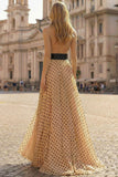 Halter A Line Apricot Black Polka Dot Bowed Prom Dress