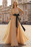 Halter A Line Apricot Black Polka Dot Bowed Prom Dress