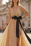 Halter A Line Apricot Black Polka Dot Bowed Prom Dress