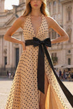 Halter A Line Apricot Black Polka Dot Bowed Prom Dress