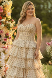 Apricot Black Polka Dot Plus Size Strapless Tiered Prom Dress