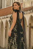 Black Golden Plus Size V Neck Maxi Prom Dress