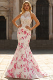 Halter Basque Waist Mermaid White Fuchsia Floral Prom Dress