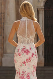 Halter Basque Waist Mermaid White Fuchsia Floral Prom Dress
