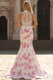 Halter Basque Waist Mermaid White Fuchsia Floral Prom Dress