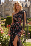 One Shoulder Mermaid Black Floral Bowed Prom Dress
