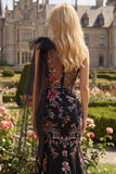 One Shoulder Mermaid Black Floral Bowed Prom Dress