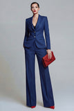 Notched Lapel 2 Piece Slim Fit Dark Blue Women Suits