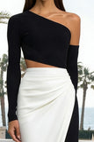 Black and White One Shoulder Sheath Maxi Formal Dress With Slit