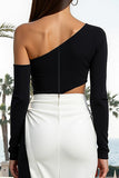 Black and White One Shoulder Sheath Maxi Formal Dress With Slit