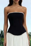Strapless A-Line Black and White Maxi Formal Dress With Pearls