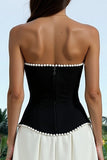Strapless A-Line Black and White Maxi Formal Dress With Pearls