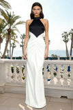 Halter Black and White Sheath Satin Long Formal Dress