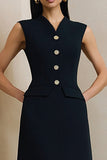 Simple Black A Line Single Breasted Midi Work Dress