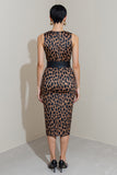High Neck Brown Leopard Bodycon Work Dress with Belt