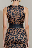 High Neck Brown Leopard Bodycon Work Dress with Belt