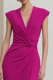 Simple Bodycon Midi Fuchsia Ruched Work Dress