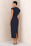 Navy Cap Sleeve Midi Work Dress