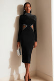 Sparkly Black Bodycon Cut Out Midi Work Dress
