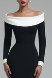 Off the Shoulder Black Bodycon Midi Work Dress