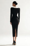 Black Bodycon Long Slleve V Neck Midi Work Dress