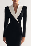 Black Bodycon Long Slleve V Neck Midi Work Dress