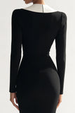 Black Bodycon Long Slleve V Neck Midi Work Dress