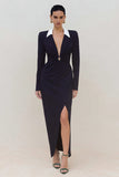 Black Long Slleve Ruched Work Dress with Slit