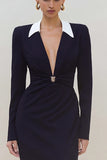 Black Long Slleve Ruched Work Dress with Slit