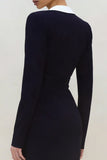 Black Long Slleve Ruched Work Dress with Slit