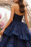 Strapless Princess Tiered Ruffled Navy Prom Dress with Slit
