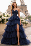 Strapless Princess Tiered Ruched Navy Prom Dress with Ruffles