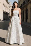 White Black Polka Dot Strapless A Line Prom Dress