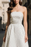 White Black Polka Dot Strapless A Line Prom Dress