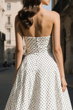 White Black Polka Dot Strapless A Line Prom Dress