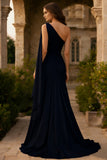 One Shoulder Navy Ruched Maxi Formal Dress