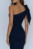 Navy One Shoulder Mermaid Maxi Formal Dress