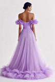 Lilac Off the Shoulder A Line Ruffled Tulle Prom Dress
